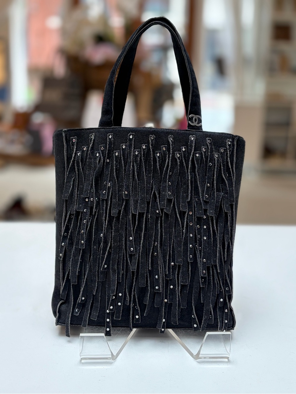 CHANEL Black Suede Fringe Tote with Stud Accents